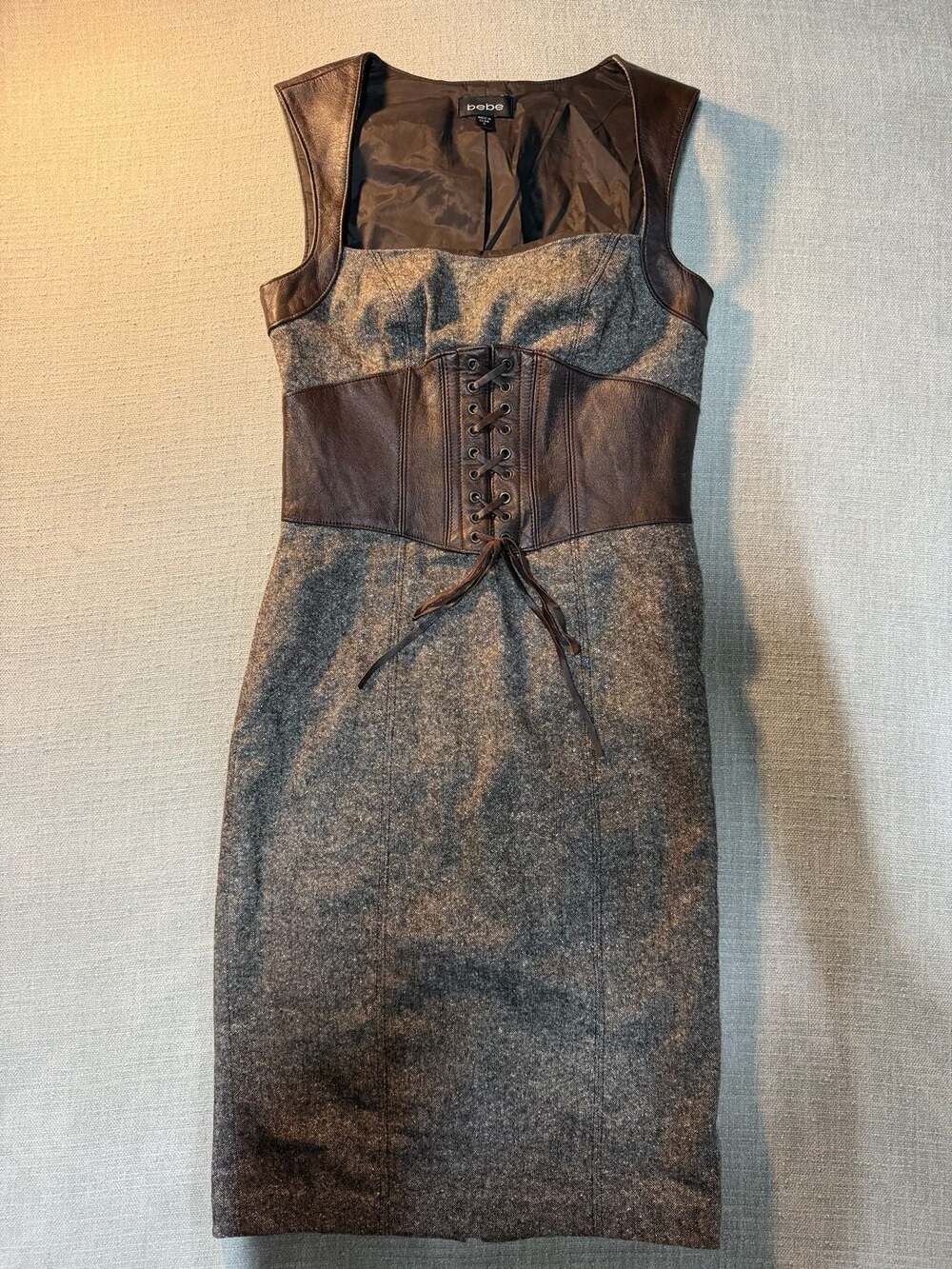 Bebe Brown Tweed Faux Leather Corset Dress Size 4